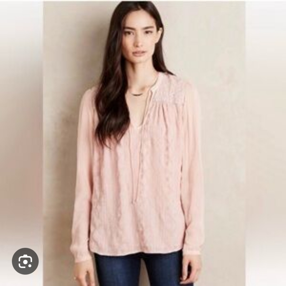 Anthropologie L Tiny Pink & Silver  Embroidered Boho Hippie Blouse EUC